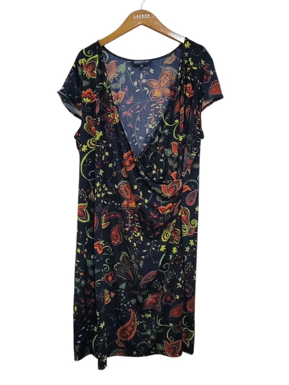 Jones New York Faux Wrap Dress Womens 1X Blue Floral Paisley Slinky Knit Stretch